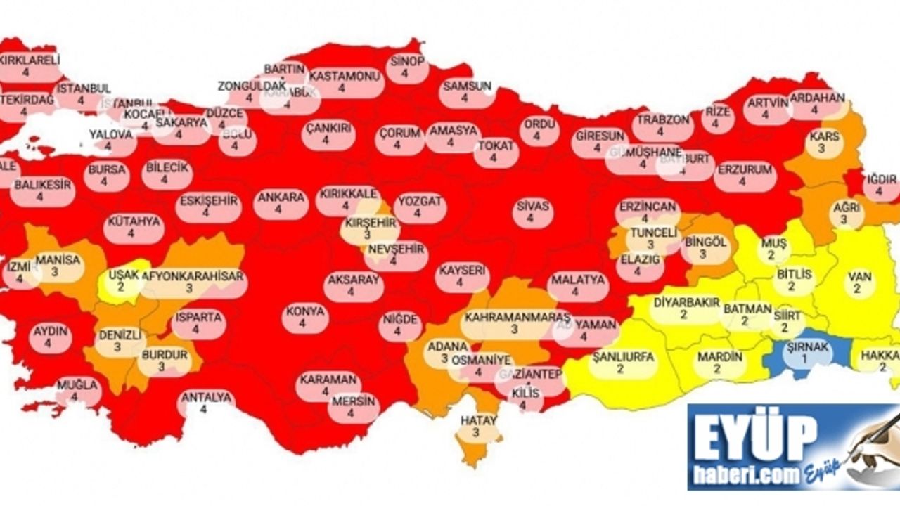 Türkiye'de 58 il Çok Tehlikeli Kırmızı katagöride